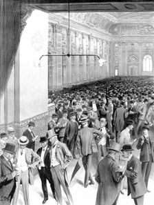 The most silent business men: in the Exchange at its busiest hour, 1909. Creator: Samuel Begg