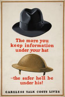 The more you keep information under your hat - the safer... WWII poster, between 1939 and 1946. Creators: Central Office of Information, Unknown