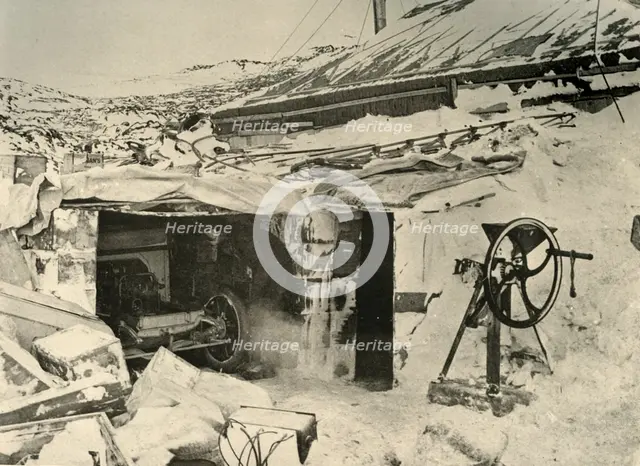 'The Motor Car in the Garage, and Maize-Crusher on the right', c1908, (1909).  Artist: Unknown.