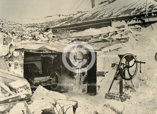 'The Motor Car in the Garage, and Maize-Crusher on the right', c1908, (1909).  Artist: Unknown.