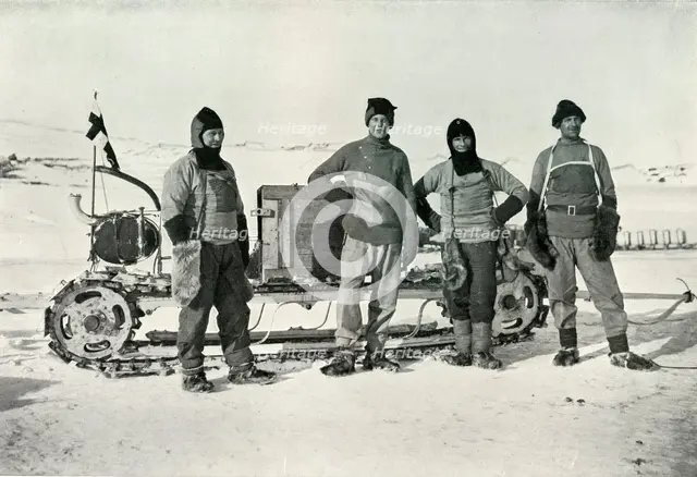 'The Motor Party (Left to right - Lashly, B.C. Day, Lieut. Evans, Hooper)', October 1911, (1913). Artist: Herbert Ponting.