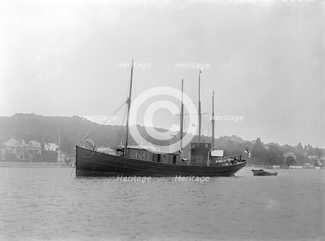 The motor yacht 'Pleosaurus' at anchor, 1922. Creator: Kirk & Sons of Cowes.
