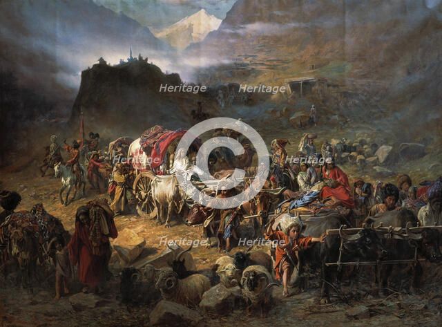 The mountaineers leave the aul before approach of the Russian army, 1872. Artist: Grusinsky, Pyotr Nikolayevich (1837-1892)