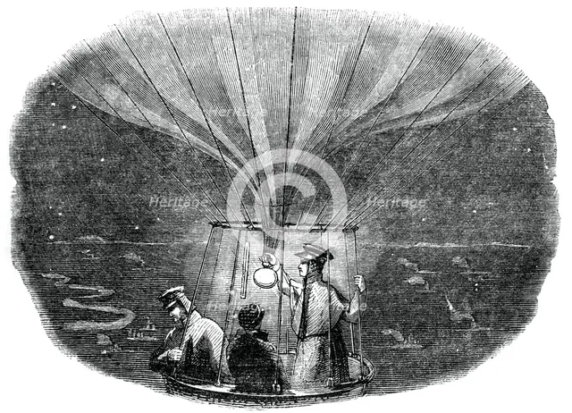 The Nassau balloon passing over Liege at night, 1836, (1886). Artist: Unknown