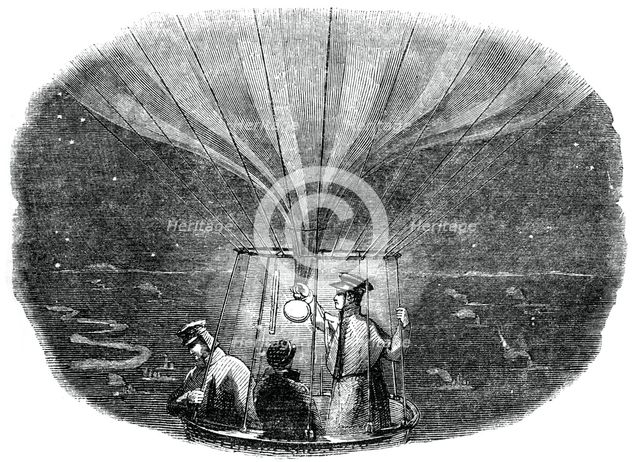 The Nassau balloon passing over Liege at night, 1836, (1886). Artist: Unknown