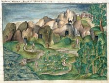 The natives of Venezuela, using gold vessels, cultivating maize and fishing, 1560-1632. Creator: Unknown