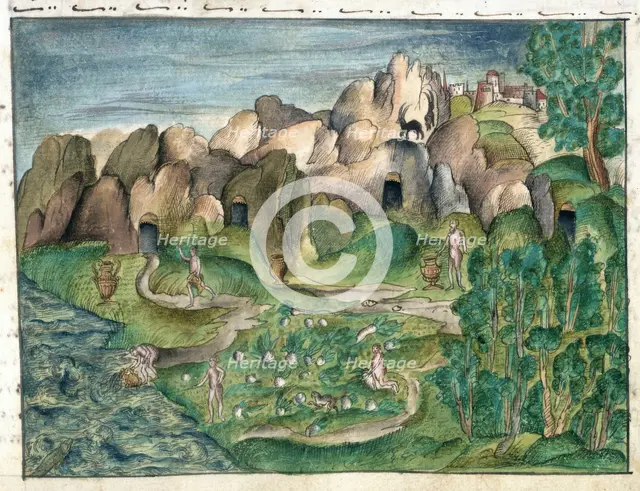 The natives of Venezuela, using gold vessels, cultivating maize and fishing, 1560-1632. Creator: Unknown.