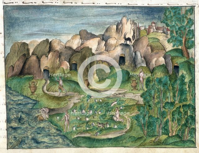 The natives of Venezuela, using gold vessels, cultivating maize and fishing, 1560-1632. Creator: Unknown.