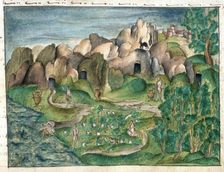 The natives of Venezuela, using gold vessels, cultivating maize and fishing, 1560-1632. Creator: Unknown