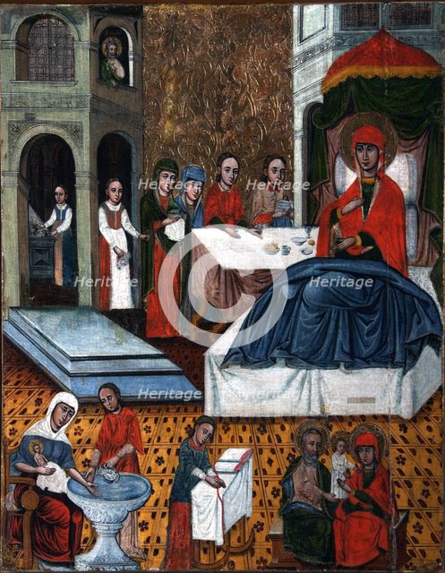 The Nativity of the Virgin, middle of 17th century. Creator: Russian icon.