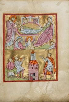 The Nativity and The Annunciation to the Shepherds; Benedictional, about 1030-1040. Creator: Unknown