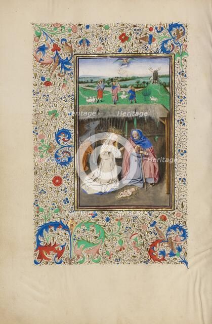 The Nativity and The Annunciation to the Shepherds; Llangattock Hours, 1450s. Creator: Master of the Llangattock Hours.