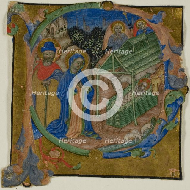 The Nativity in a Historiated Initial "P" from a Choir Book, c. 1390. Creator: Master of the Brussels Initials.