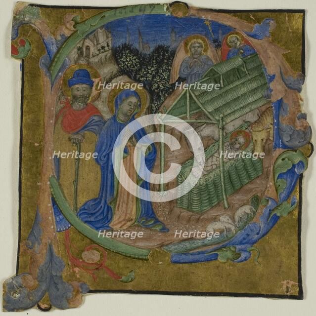 The Nativity in a Historiated Initial "P" from a Choir Book, c. 1390. Creator: Master of the Brussels Initials.