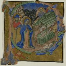 The Nativity in a Historiated Initial "P" from a Choir Book, c. 1390. Creator: Master of the Brussels Initials