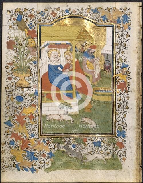 The Nativity: Leaf from a Book of Hours (3 of 6 Excised Leaves), c. 1420-1430. Creator: Henri d'Orquevaulx (French); Workshop, or.