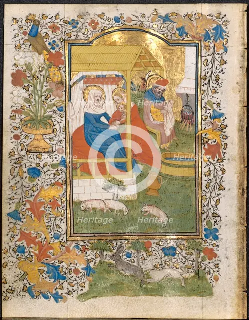 The Nativity: Leaf from a Book of Hours (3 of 6 Excised Leaves), c. 1420-1430. Creator: Henri d'Orquevaulx (French); Workshop, or.