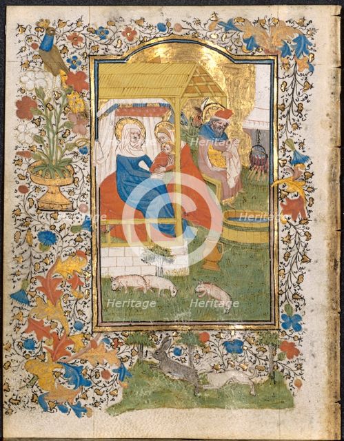 The Nativity: Leaf from a Book of Hours (3 of 6 Excised Leaves), c. 1420-1430. Creator: Henri d'Orquevaulx (French); Workshop, or.