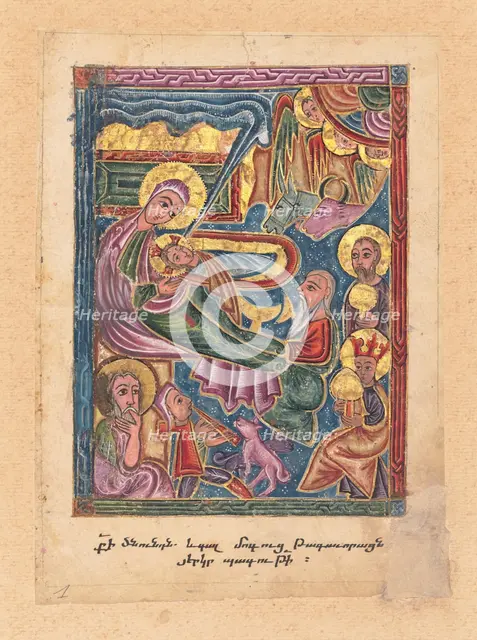 The Nativity with the Adoration of the Shepherds and Magi; Leaf from a Gospel Book, 1615. Creator: Mesrop of Khizan.