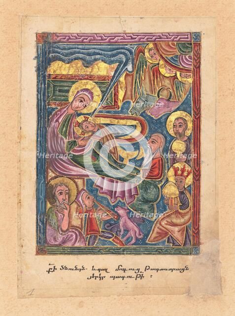 The Nativity with the Adoration of the Shepherds and Magi; Leaf from a Gospel Book, 1615. Creator: Mesrop of Khizan.