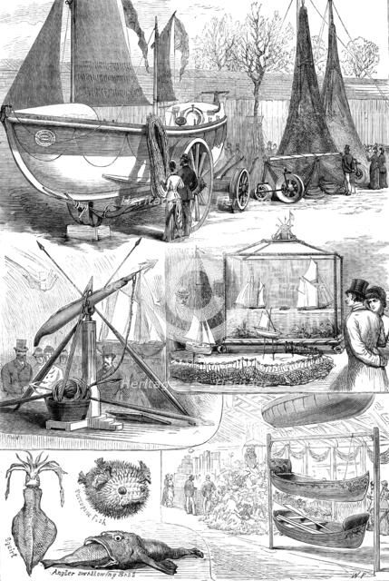 The National Fisheries Exhibition at Norwich: models of lifeboat, fishing apparatus, etc, 1881. Creator: W. P..