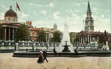 The National Gallery, St Martin in the Fields, and fountains in Trafalgar Square, London, c1910. Creator: Unknown