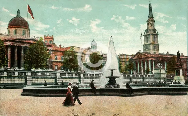 The National Gallery, St Martin in the Fields, and fountains in Trafalgar Square, London, c1910. Creator: Unknown.
