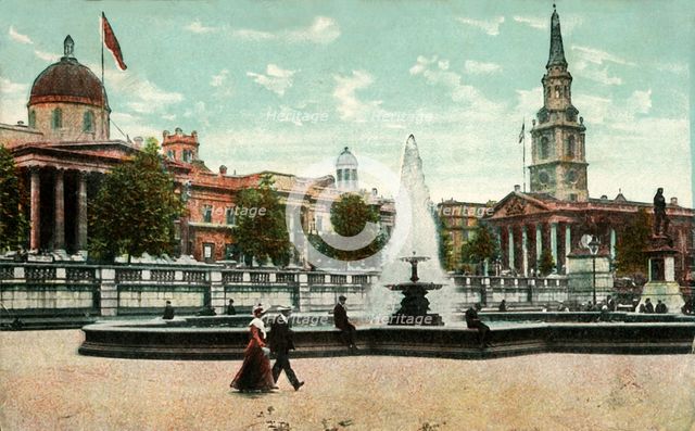 The National Gallery, St Martin in the Fields, and fountains in Trafalgar Square, London, c1910. Creator: Unknown.