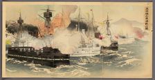 The Naval Battle and Capture of Haiyang Island (Kaiyoto senryo kaisen no zu), 1894. Creator: Ogata Gekko