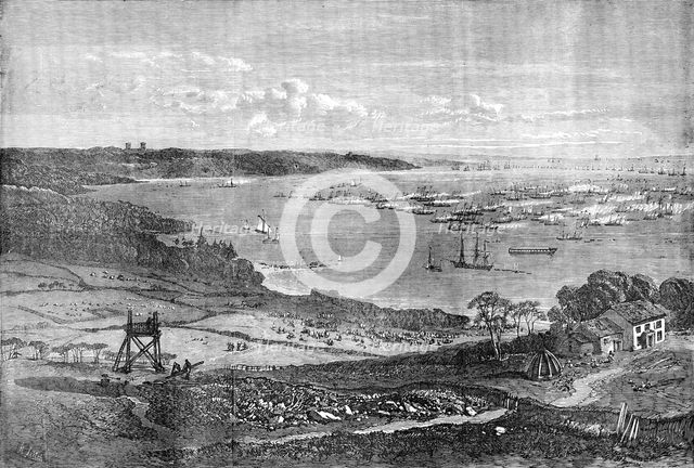 The Naval Review: the Flotilla of Gun-Boats off the Motherbank - drawn by R. Leitch, 1856.  Creator: Unknown.