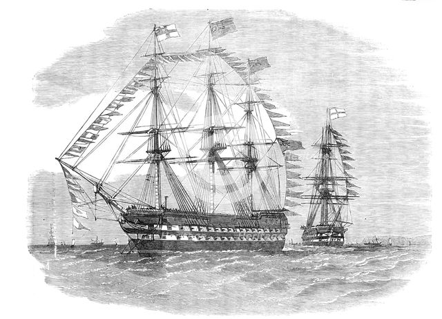 The Naval Review: the Pivot-Ships "Rodney" and "London" - drawn by E. Weedon, 1856.  Creator: Unknown.