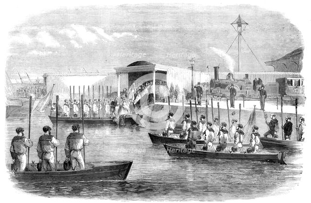 The Naval Review: the Queen and Royal Family embarking at Portsmouth - sketched by R. Landells, 1856 Creator: Unknown.