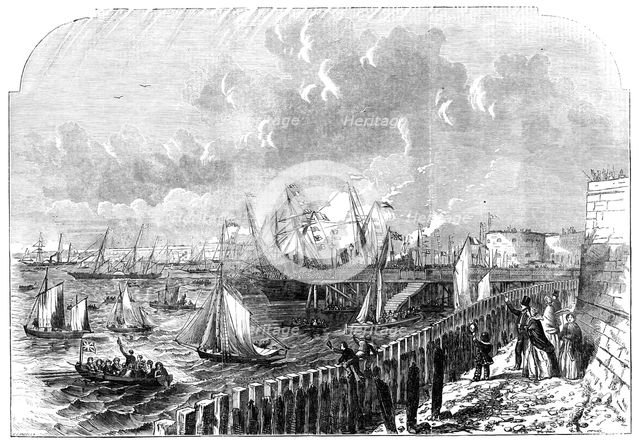 The Naval Review: the Queen's Yacht leaving Portsmouth Harbour, 1856.  Creator: Ebenezer Landells.