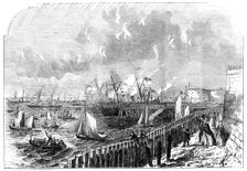 The Naval Review: the Queen's Yacht leaving Portsmouth Harbour, 1856. Creator: Ebenezer Landells