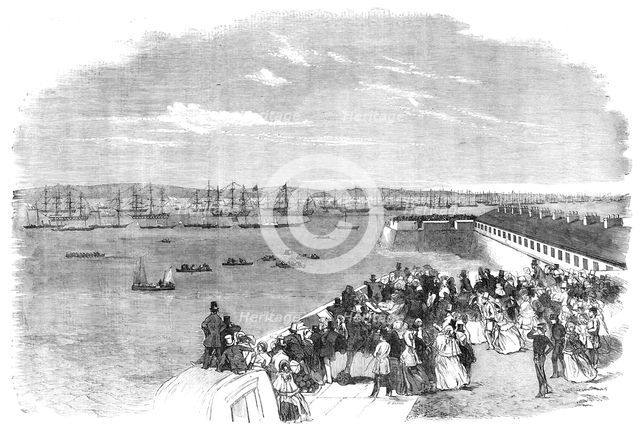 The Naval Review: the Queen's Yacht passing Fort Monckton - drawn by S. Read, 1856.  Creator: Edmund Evans.