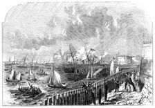 The Naval Review: the Queen's Yacht leaving Portsmouth Harbour, 1856. Creator: Ebenezer Landells