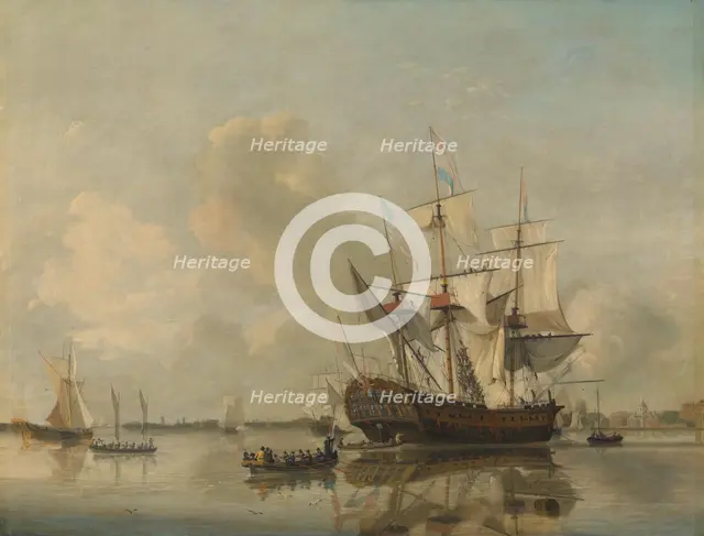 The Navy's Frigate 'Rotterdam' on the Maas off Rotterdam, 1807. Creator: Nicolaus Baur.