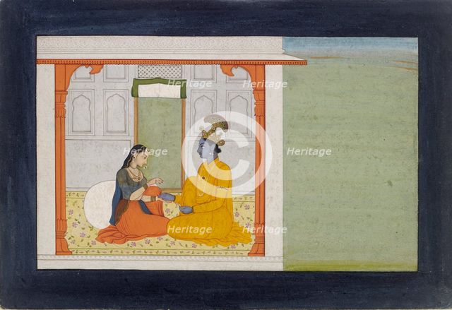 The nayika comments on her lover’s new ring, 1780-1785. Artist: Nikka.