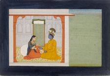 The nayika comments on her lover’s new ring, 1780-1785. Artist: Nikka