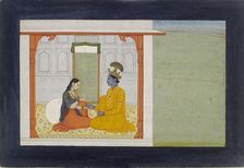 The nayika comments on her lover’s new ring, 1780-1785. Artist: Nikka