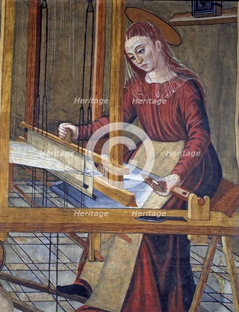 The Nazareth workshop', detail of the Virgin in the loom. Painting on fabric, 1580-1582, by.