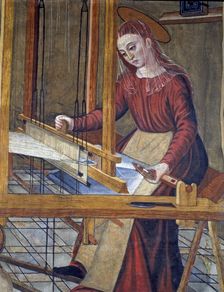 The Nazareth workshop detail of the Virgin in the loom. Painting on fabric, 1580-1582, by