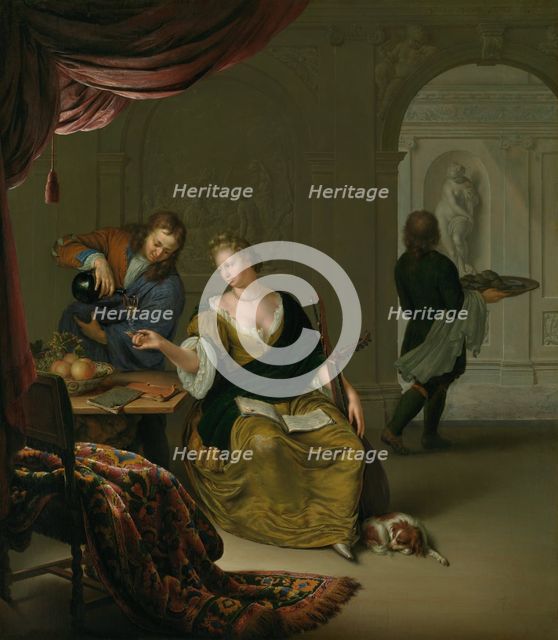 The Neglected Lute (A Lady with a Lute Taking Wine in a Rich Interior), 1705. Creator: Mieris, Willem van (1662-1747).