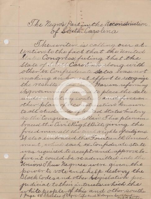 The Negro's Part in the Reconstruction of South Carolina, 1940. Creator: Unknown.