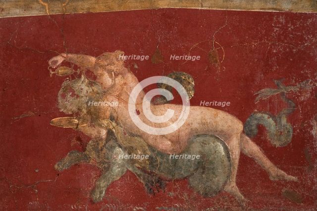The nereid on a sea beast (sea-panther), 1st H. 1st cen. AD. Creator: Roman-Pompeian wall painting.