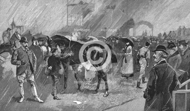 ''The Newmarket October Meeting -- The Birdcage on a Rainy Day', 1891. Creator: Unknown.