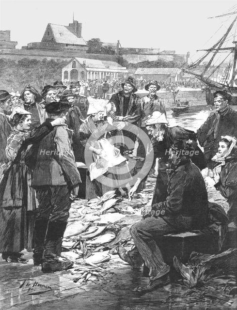 'The Newfoundland Cod Fishery; The Distribution of Dried Fish on the Quay at St. Malo...', 1891. Creator: Unknown.