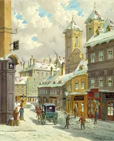 The Neustiftgasse in Vienna with the Ulrichskirche, undated. Creator: Franz Gerasch