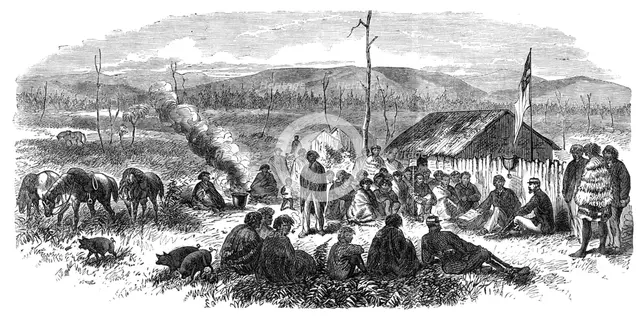 The New Zealand Chief, William Thompson, negotiating with Brigadier-General Carey, 1865. Creator: Unknown.