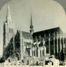 The New Cathedral of St. Martins and the Cloth Hall Ruins, Ypres, Belgium c1930s. Creator: Unknown